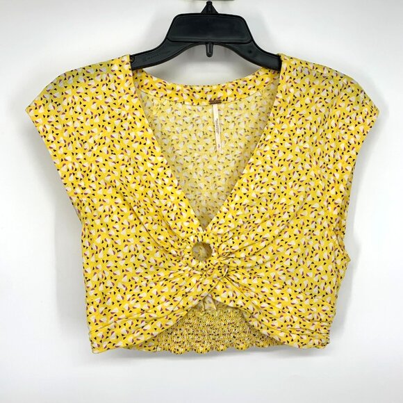 Free People Crop Top Linen Butter Yellow Havana Honey Blouse V Neck - Picture 2 of 8